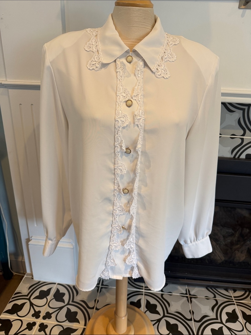 Vintage Elegant White Lace-Trim Blouse - Women's Top